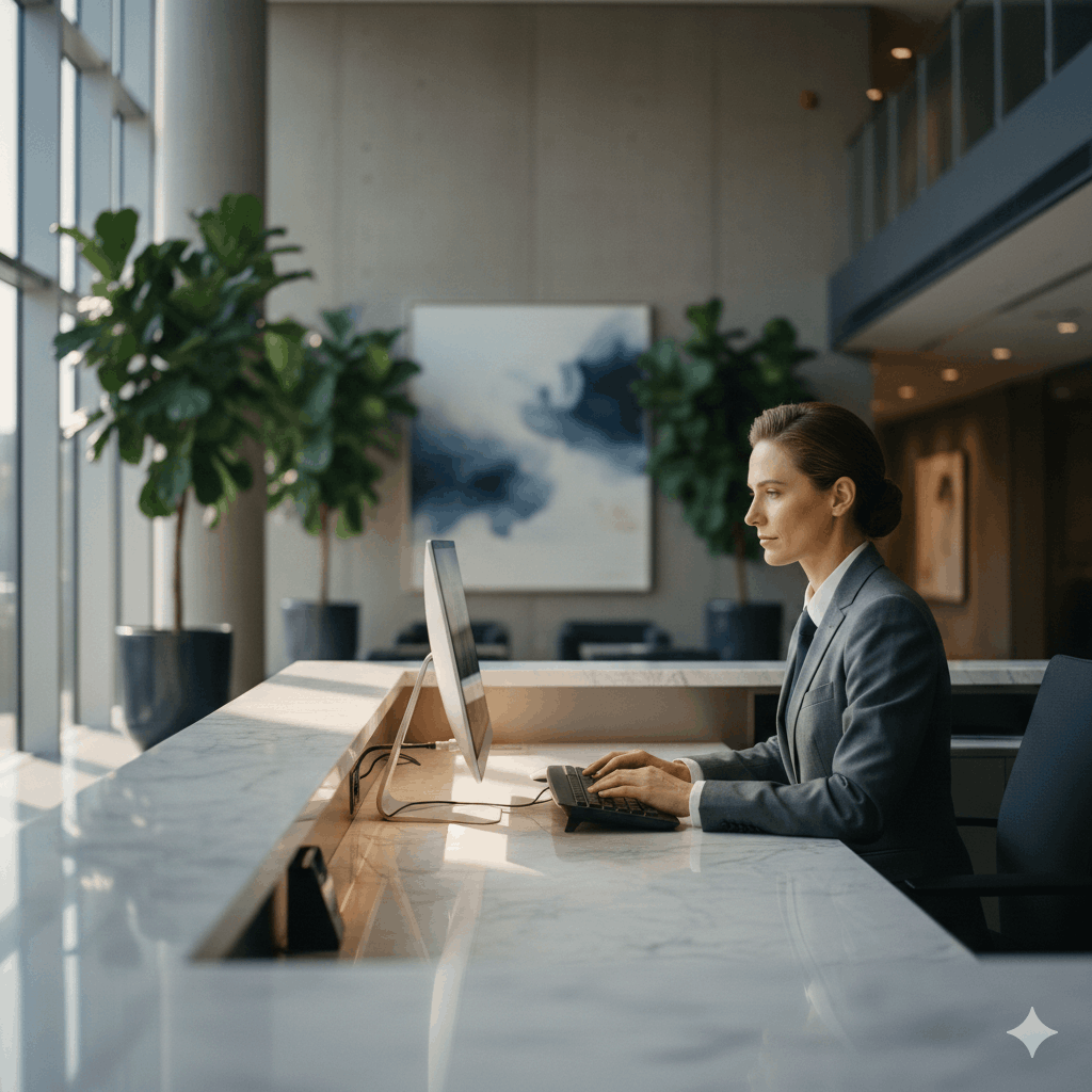 Professionele gastheer en facilitair medewerker bij een modern kantoorpand